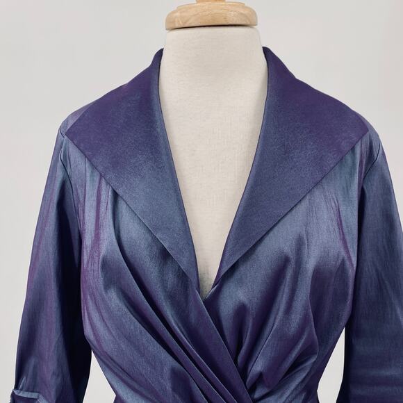 Tadashi Shoji Taffeta Twist Front Blouse Dramatic Wing Collar Slate Blue 14 - Picture 5 of 13